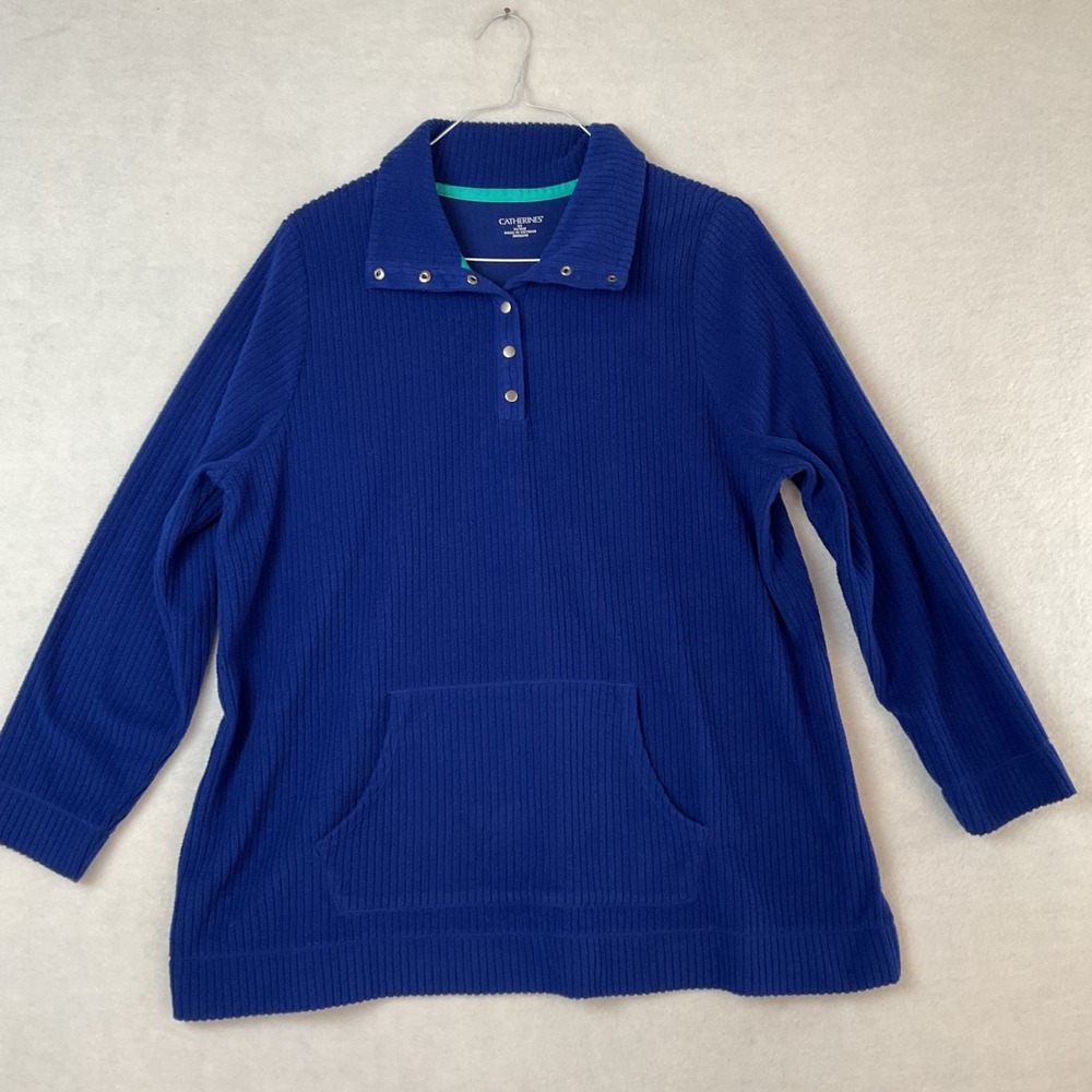 Catherines Royal Blue Ribbed Fleece Snap Neck Pullover Kangaroo Pocket 0X 14/16W